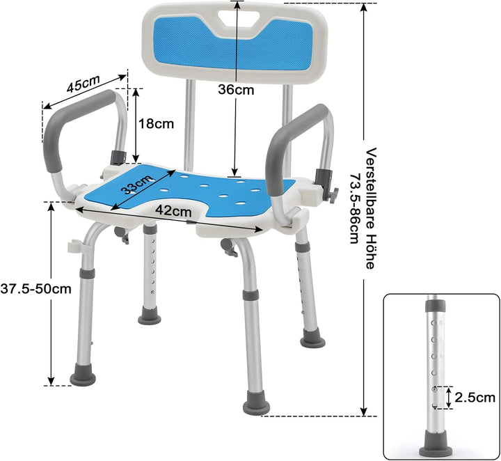 ACXIN Duschstuhl mit Armlehnen Abnehmbar, Duschhocker für senioren 150kg mit lehne, Duschhocker Höhe