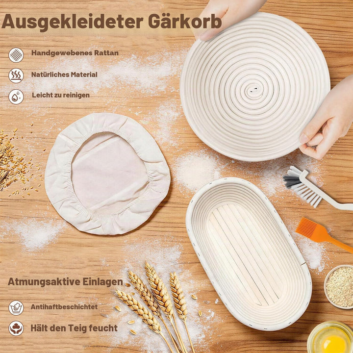 Sauerteig Starter Set, 12-teilig Brotbackset, Runder und Ovaler Gärkorb aus Rattan, Brotlame, Teigsc