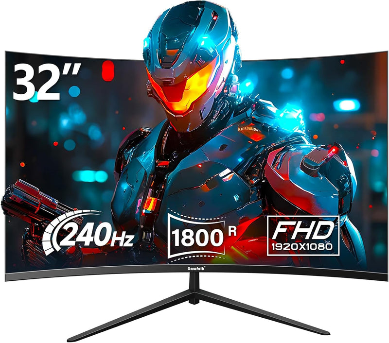 Gawfolk Gaming Monitor 32 Zoll Curved, 240Hz PC Bildschirm Full HD 1080P, Rahmenloses 1800R Gebogene