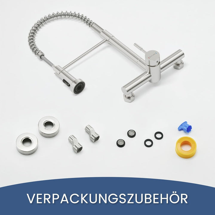 wasserhahn küche wandmontage mit ausziehbarem Sprühkopf, Hoch Gebogen Wandarmatur mit 2 Strahlarten