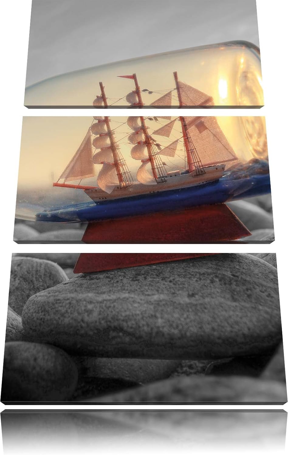 Pixxprint Schiff in Flasche am Steinstrand als Leinwandbild/Grösse: 3 Teilig (120x80 cm) cm/Wandbild