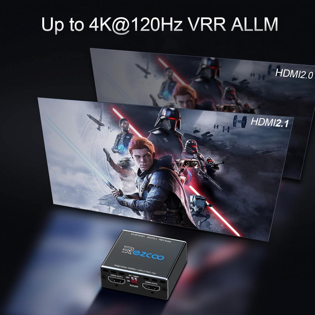 4K 120Hz HDMI 2.1 Splitter 8K 60Hz 1 in2 Out VRR ALLM HDCP2.3 HDR10 8KUHD Dolby Vision Atmos Scaler