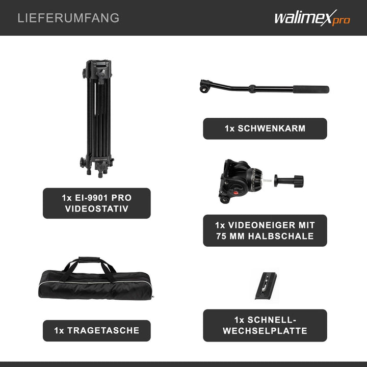 Walimex Pro EI-9901 Video-Pro-Stativ (max. Höhe 138 cm, Videoneiger, Mittelspinne, Belastbarkeit 6 k