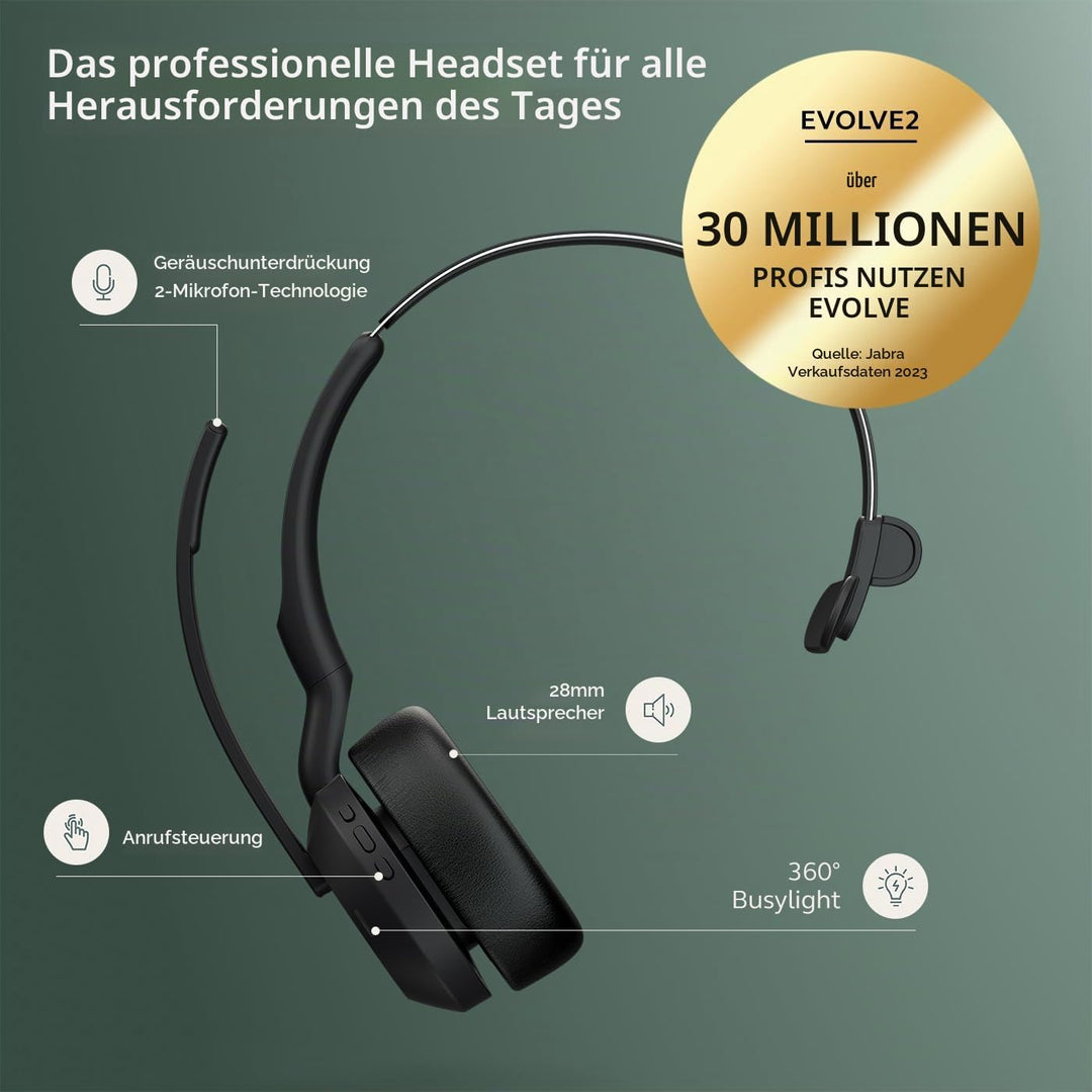 Jabra Evolve2 55 - schnurloses Mono-Headset Air Comfort - Mikrofone mit Geräuschunterdrückung und AN