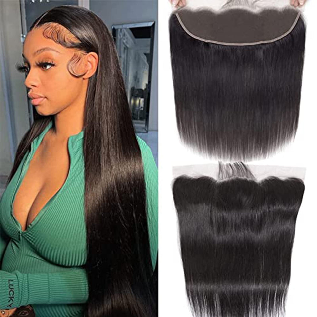 DUAUJUIU Remy Haare Echthaar 13x4 Lace Closure Frontal Natural Black Pre Plucked with Natural Hairli