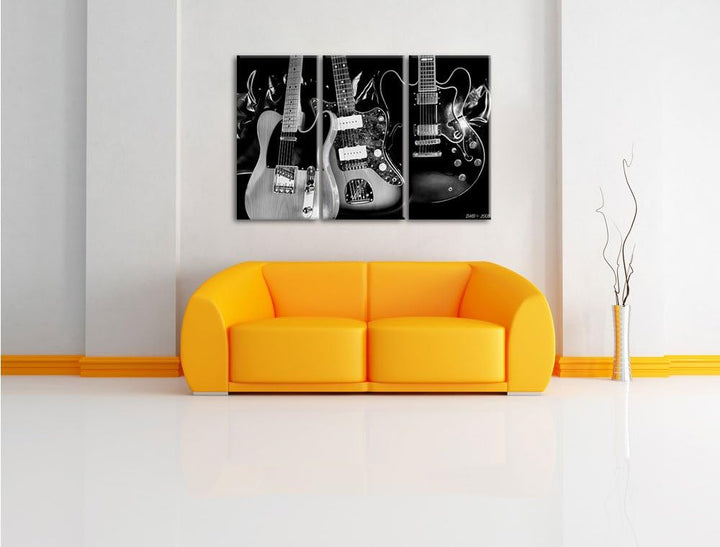 Pixxprint Monocrome, Elegante E-Gitarren 3-Teiler Leinwandbild 120x80 Bild auf Leinwand