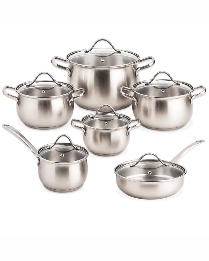 Kochtopfset 12-teilig Induktion Edelstahl 18/10 – BAVARY Apple – Topfset mit Töpfen, Glasdeckeln, St