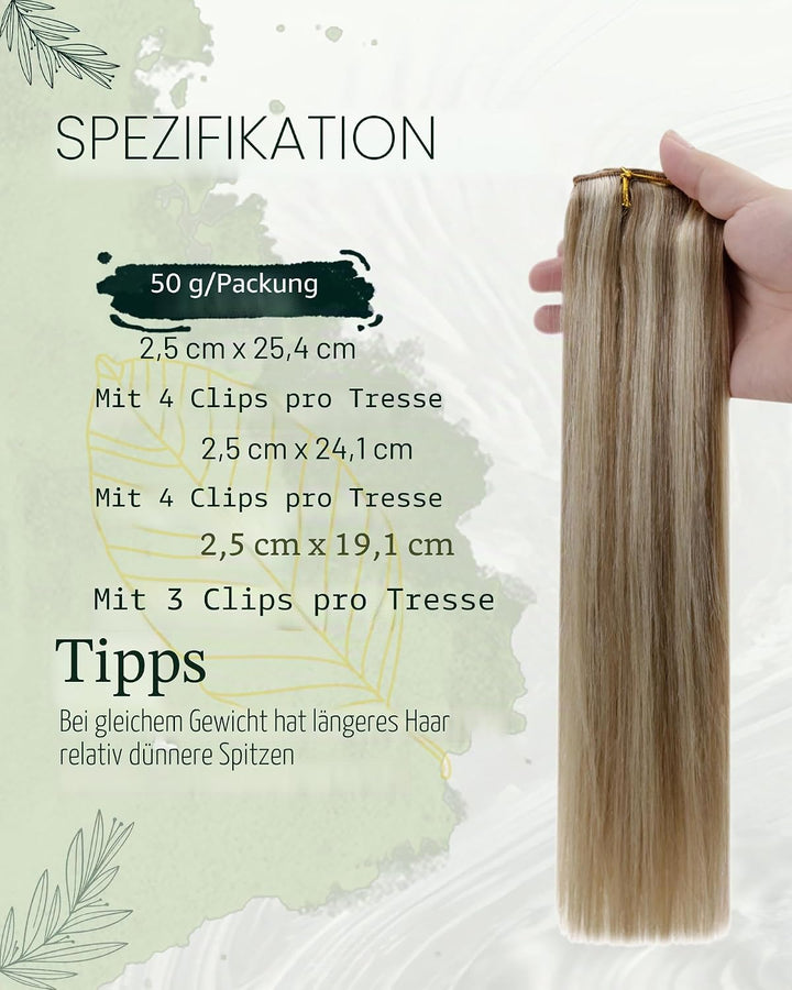 RUNATURE Extensions Clip in Echthaar Aschbraun mit Platinblond Remy Haarverlangerung Echthaar Clip i