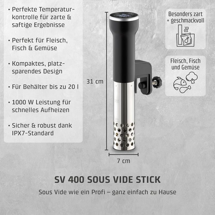 CASO SV400 Sous Vide Stick, für Behälter bis 20l Volumen, 25-90°C in 0,5°C Schritten, IPX7, platzspa