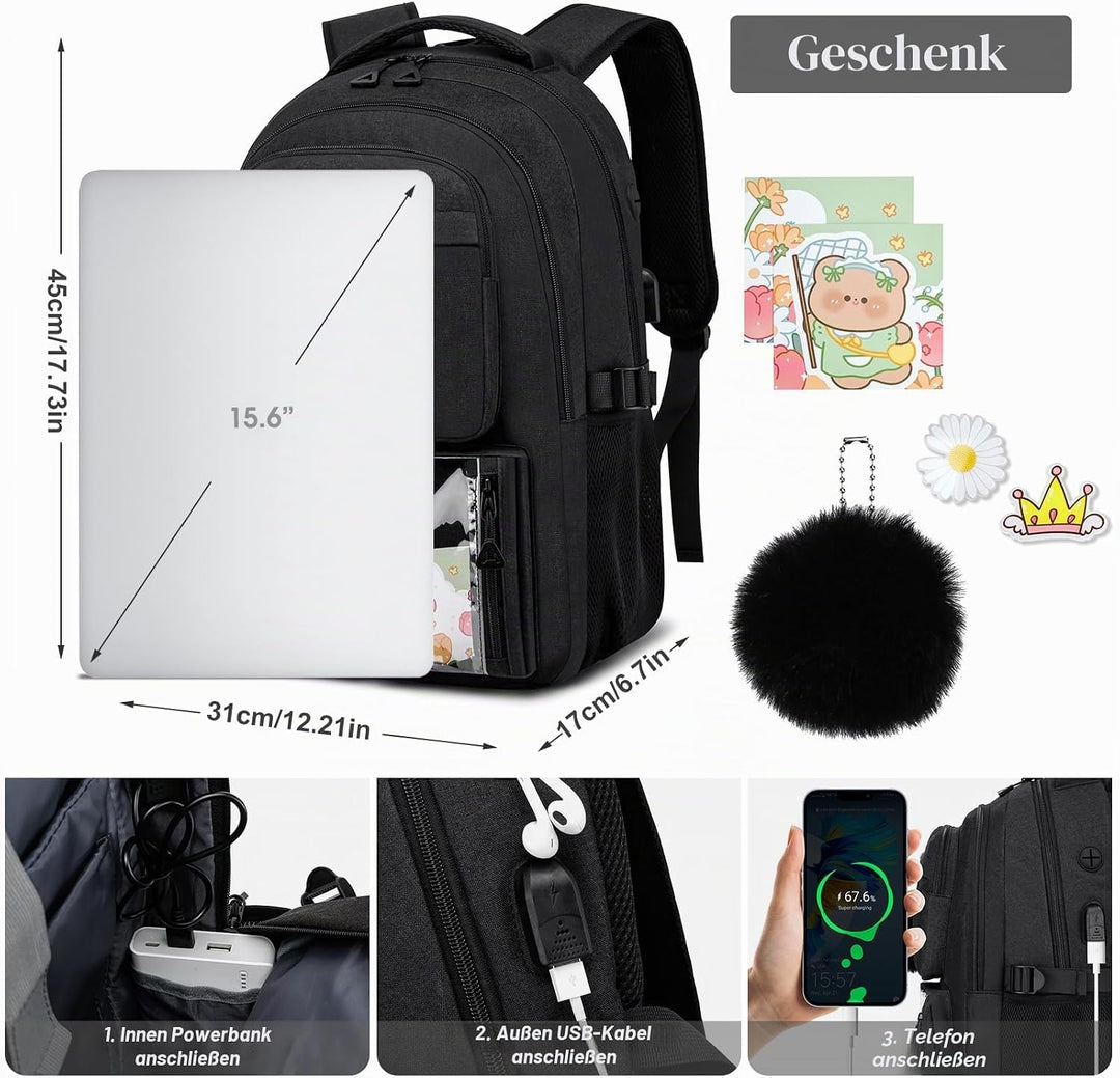 Schulrucksack Mädchen Rucksack Damen 15,6 Zoll Laptop für Uni, Schultasche Schulranzen mit USB Ladea