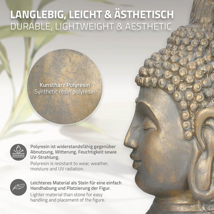 ECD Germany Buddha Figur Kopf Statue 53 cm, Polyresin, Bronzeoptik, für Yoga, Feng Shui oder Meditat