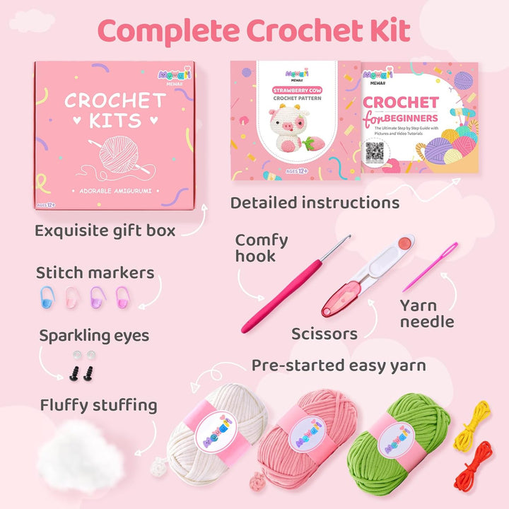 Mewaii Häkelset für Anfänger, Komplettes DIY Set für Erwachsene Häkelnadel Set mit Vorgestartetem Ga