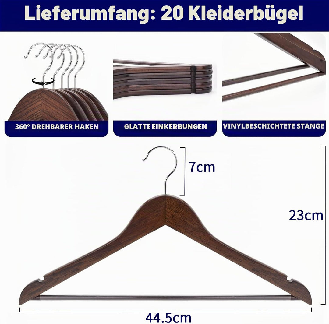Amber Home 20 Stück 44,5cm Retro Kleiderbügel aus Holz mit Stange und Nut, Antik Braun Aufhänger für