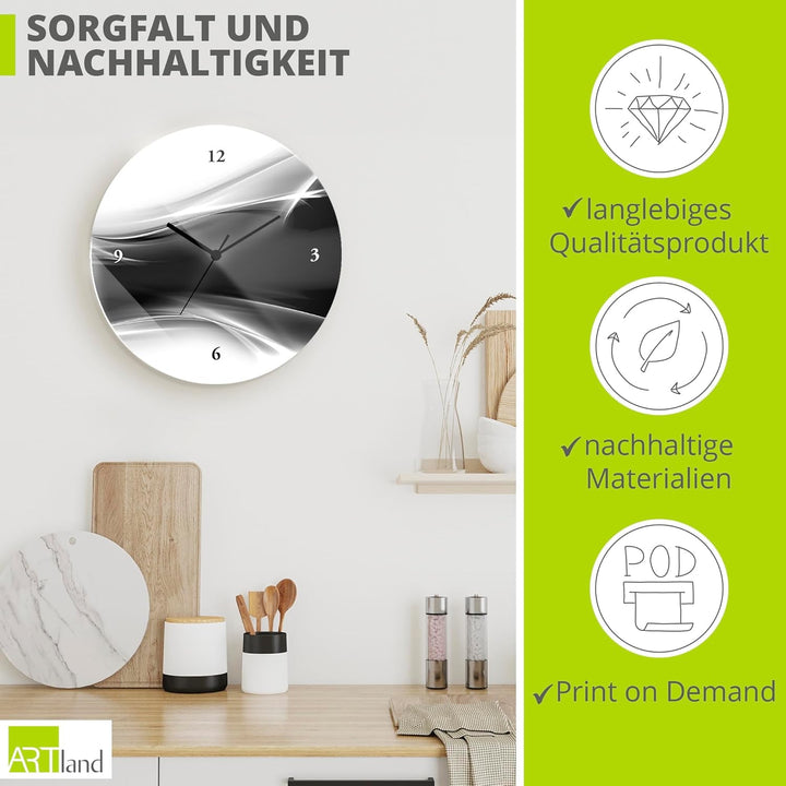 ARTLAND Wanduhr ohne Tickgeräusche Glas Quarzuhr Ø 30 cm Rund Lautlos Design Abstrakt Kunst Modern A