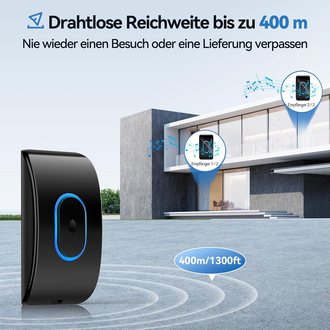 TECKNET Türklingel IP65 Funkklingel Aussen Wasserdicht, 400m Reichweite Funkklingel 2 Empfänger, 5 L