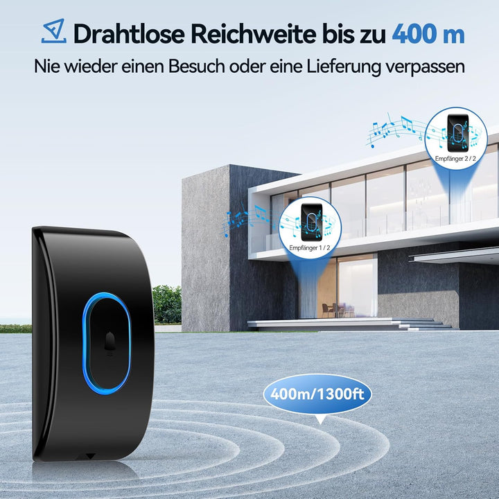 TECKNET Türklingel IP65 Funkklingel Aussen Wasserdicht, 400m Reichweite Funkklingel 2 Empfänger, 5 L