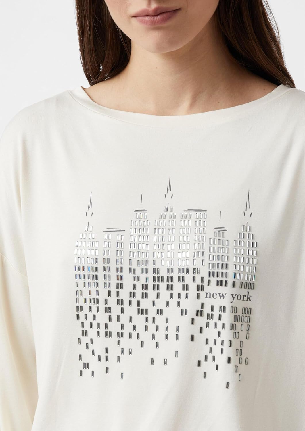 Comma Langarmshirt mit Frontprint und Strassdetails 34 04l0_creme, 34 04l0_creme