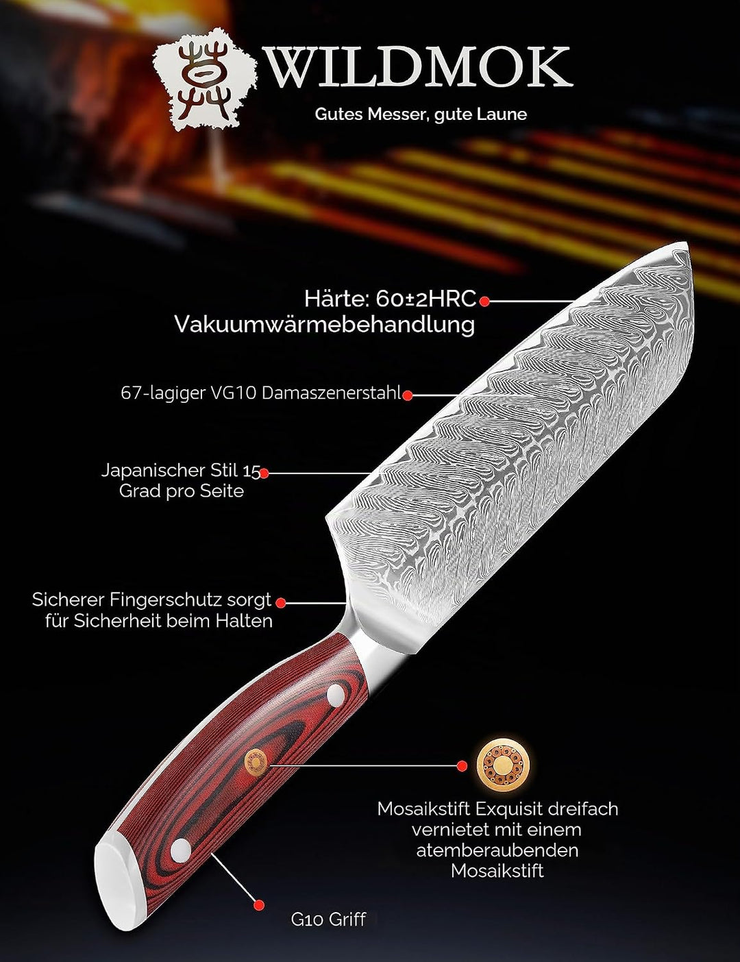WILDMOK Damast SantokuMesser, 17.8 cm scharfes professionelles Fleisch Gemüsemesser, Japanisches Mul