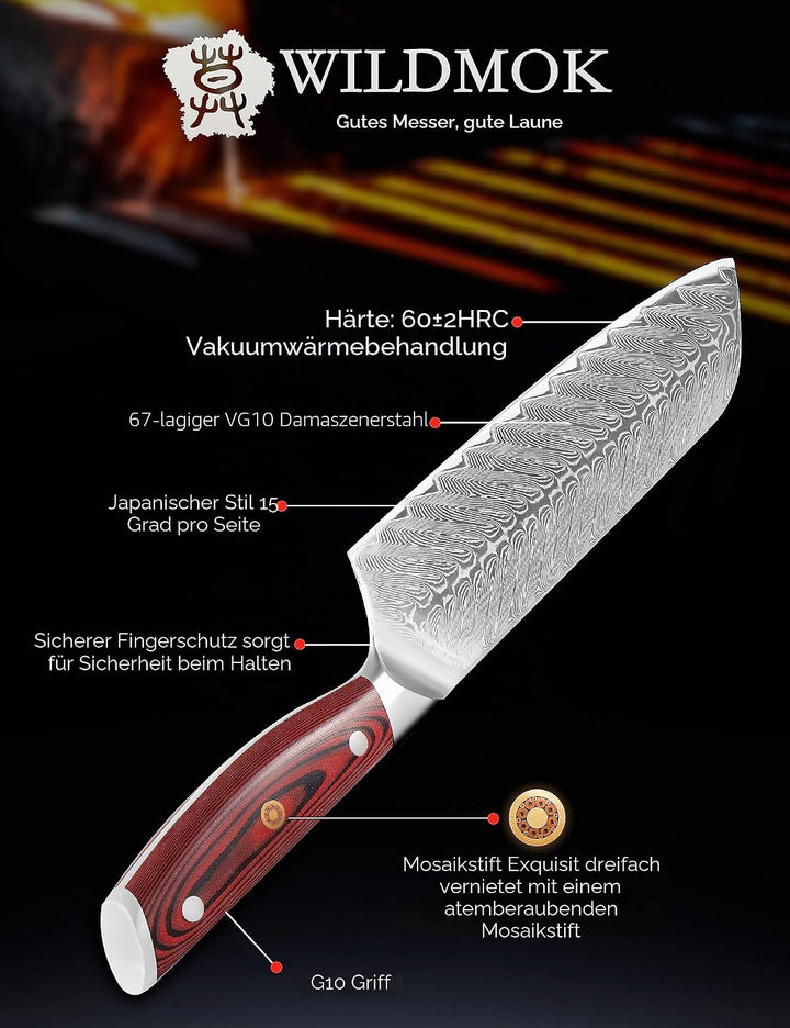 WILDMOK Damast SantokuMesser, 17.8 cm scharfes professionelles Fleisch Gemüsemesser, Japanisches Mul