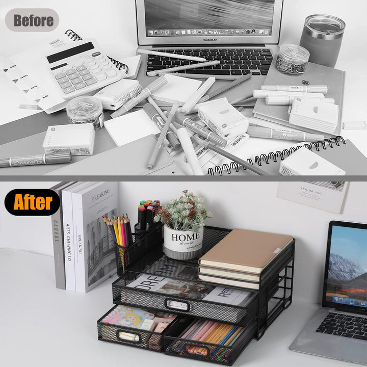Vikmyer 3-Trays Desktop Organizer mit Schublade, Mesh Büro Schreibtisch liefert Organizer Dokumenten