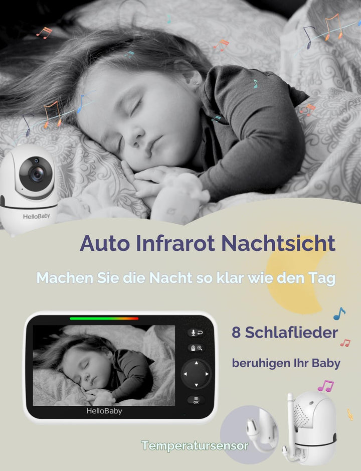 HelloBaby Babyphone mit Kamera und Nachtsicht, 5" (12,7 cm) Display mit 30-Stunden-Akku, Pan-Tilt-Zo