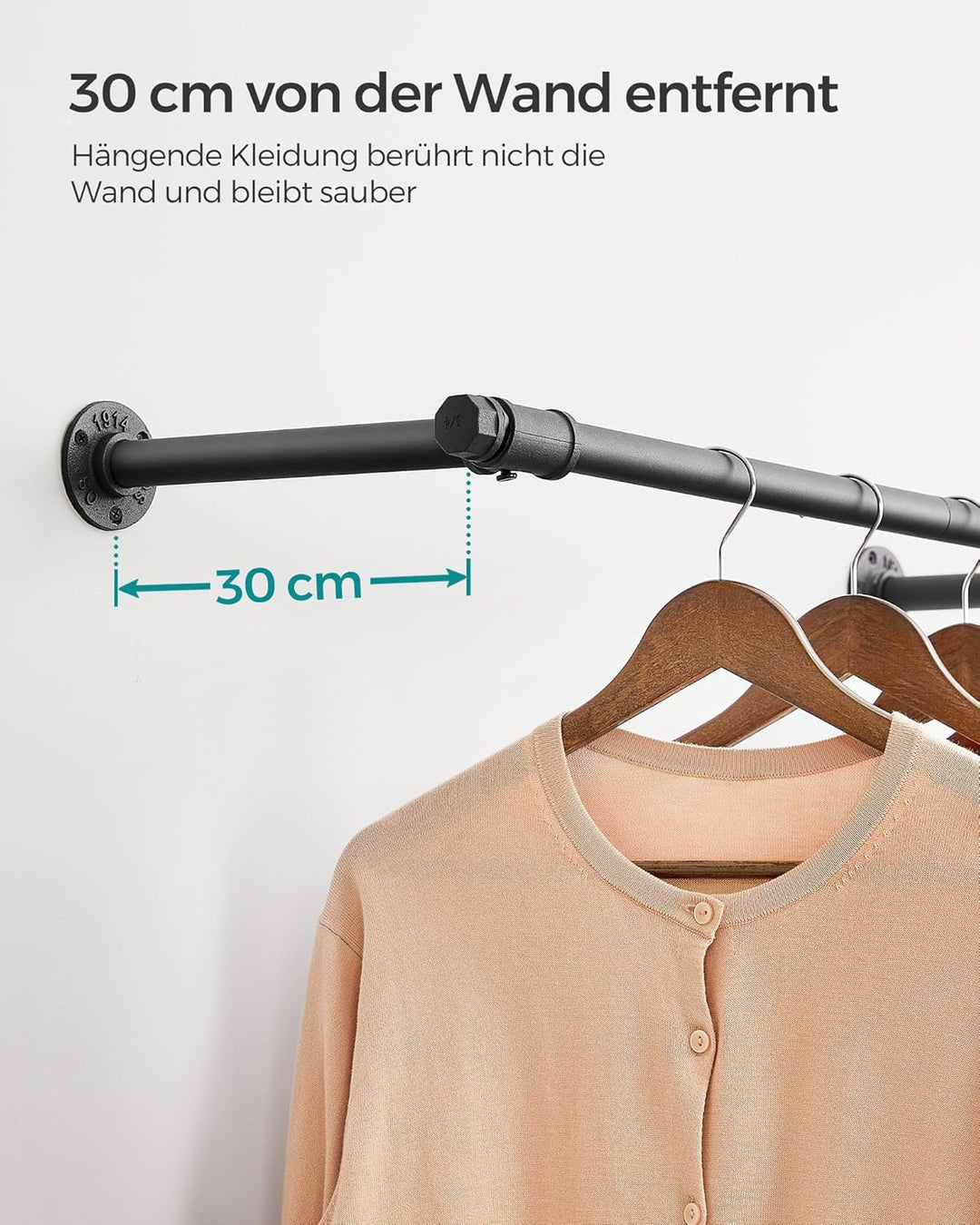SONGMICS Kleiderstange für die Wand, Kleiderständer Wandmontage, Industrie-Design, platzsparend, 30