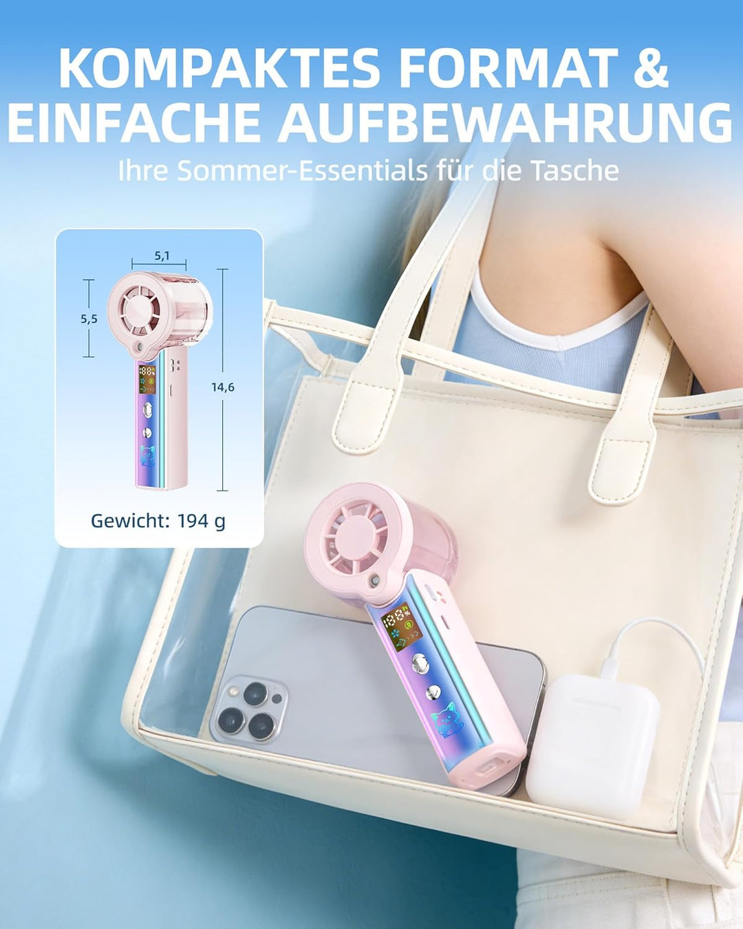 Carehabi Handventilator mit Wasserkühlung, 30000 U/min Mini Ventilator Akku 3000mAh, 1-100 Stufen Tr