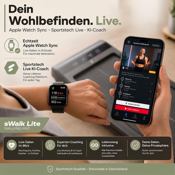 Sportstech sWalk Lite Walking Pad Laufband für Zuhause & Schreibtisch, mit Steigung 6%, bis 6 km/h,