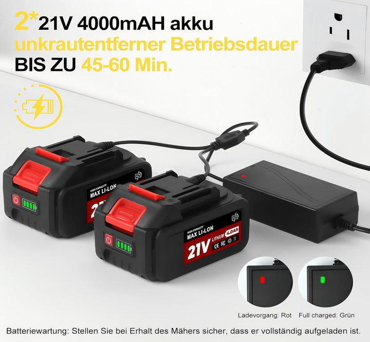 TerraKraft 21V Rasentrimmer mit Akku, 750w Akkus Rasentrimmer, Freischneider Akkus, Die Teleskophöhe
