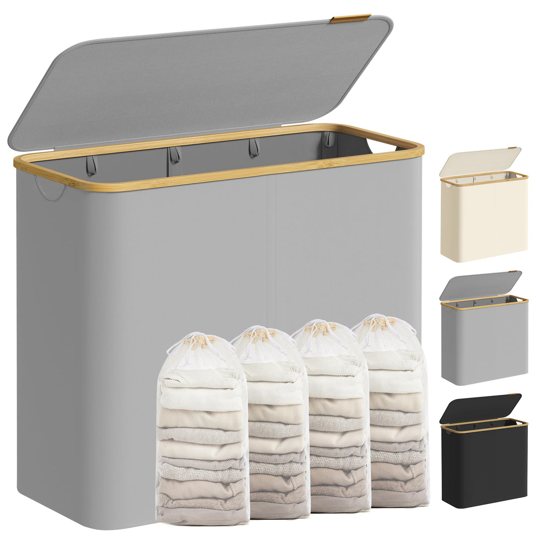SONGMICS Wäschekorb mit Deckel, Wäschesammler mit 4 Fächern, 200 L, herausnehmbarer Wäschesack, Oxfo