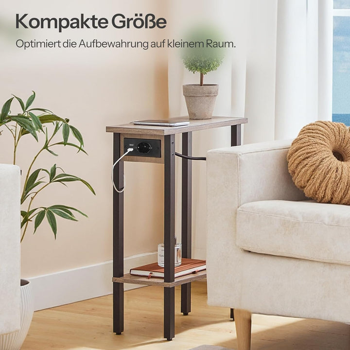 HOOBRO Schmaler Beistelltisch mit 2 Ebenen, Sofatisch mit Ladestation, Nachttisch mit Ablage, Coucht