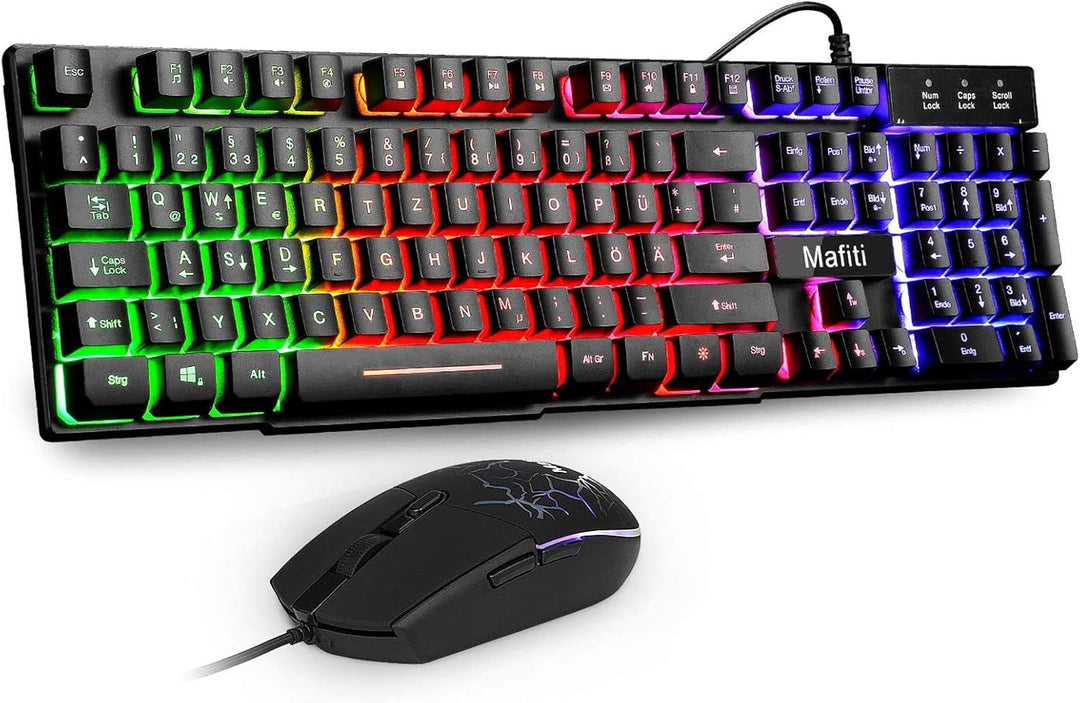 Mafiti Tastatur und Maus Set, Kabelgebundenes, LED Hintergrundbeleuchtung QWERTZ (DE-Layout), Regenb