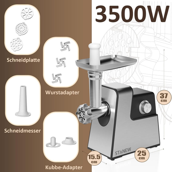 STANEW Fleischwolf, 4-in-1 Elektrischer Fleischwolf, 3500W mit 3 Edelstahl-Schleifplatten (4/8 mm, f