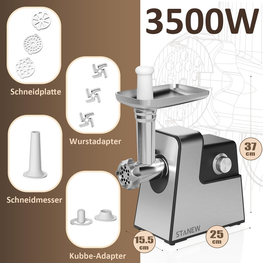 STANEW Fleischwolf Elektrisch, 3 in 1 Hackfleisch Maschine mit 3 Platten aus Edelstahl, Wurstmaschin