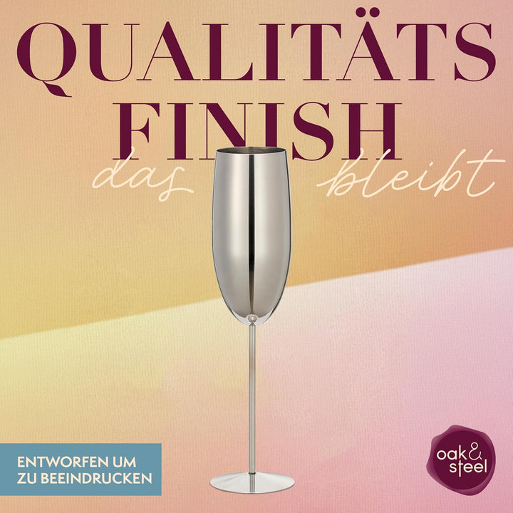 Oak & Steel - 4 Elegant Stainless Steel Silver Champagne Prosecco Flutes Glasses, 285ml - Unbreakabl