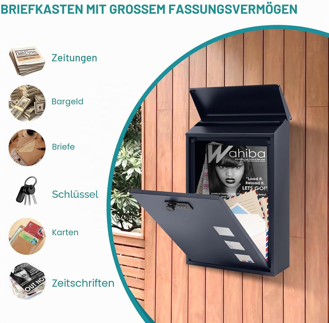 lisetar Briefkasten aus Stahl Wandmontiert mit Zahlenschloss - 3 Sichtfenster (4x4cm), Regenabweisen