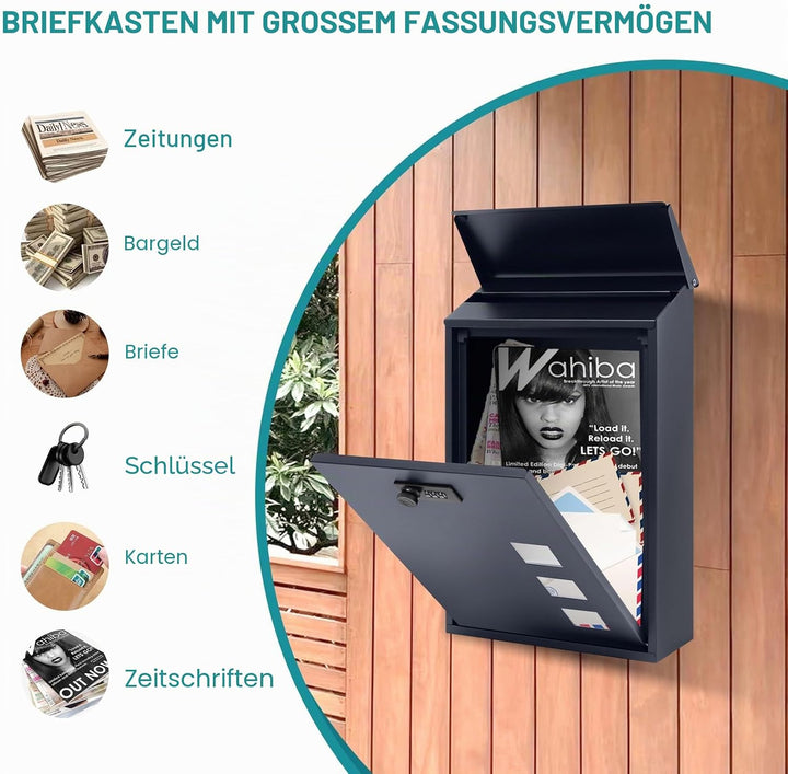 lisetar Briefkasten aus Stahl Wandmontiert mit Zahlenschloss - 3 Sichtfenster (4x4cm), Regenabweisen
