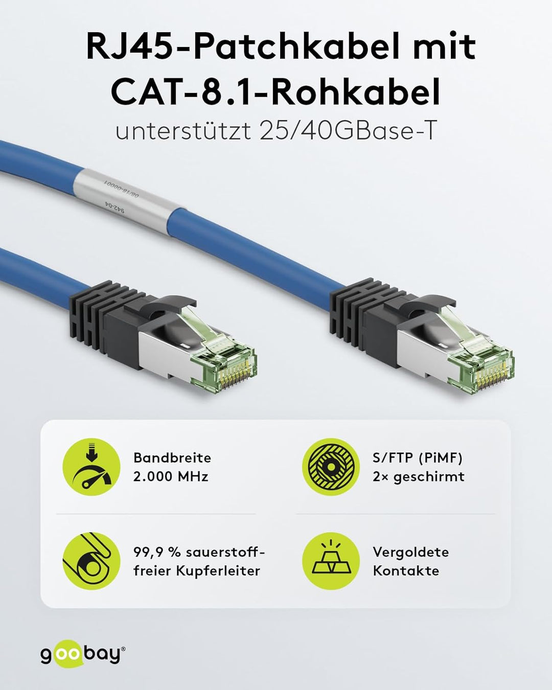 Goobay 55120 RJ45 Patchkabel mit CAT 8.1 S/FTP Rohkabel / RJ45 Stecker / 8K Gaming PS5 Playstation 5