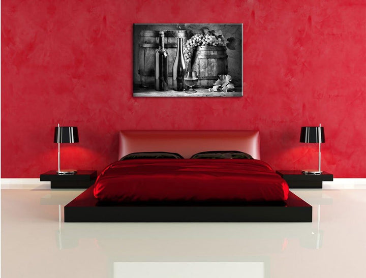 Pixxprint Monocrome, Fässer mit Weintrauben und Wein, Format: 100x70 auf Leinwand, 100x70