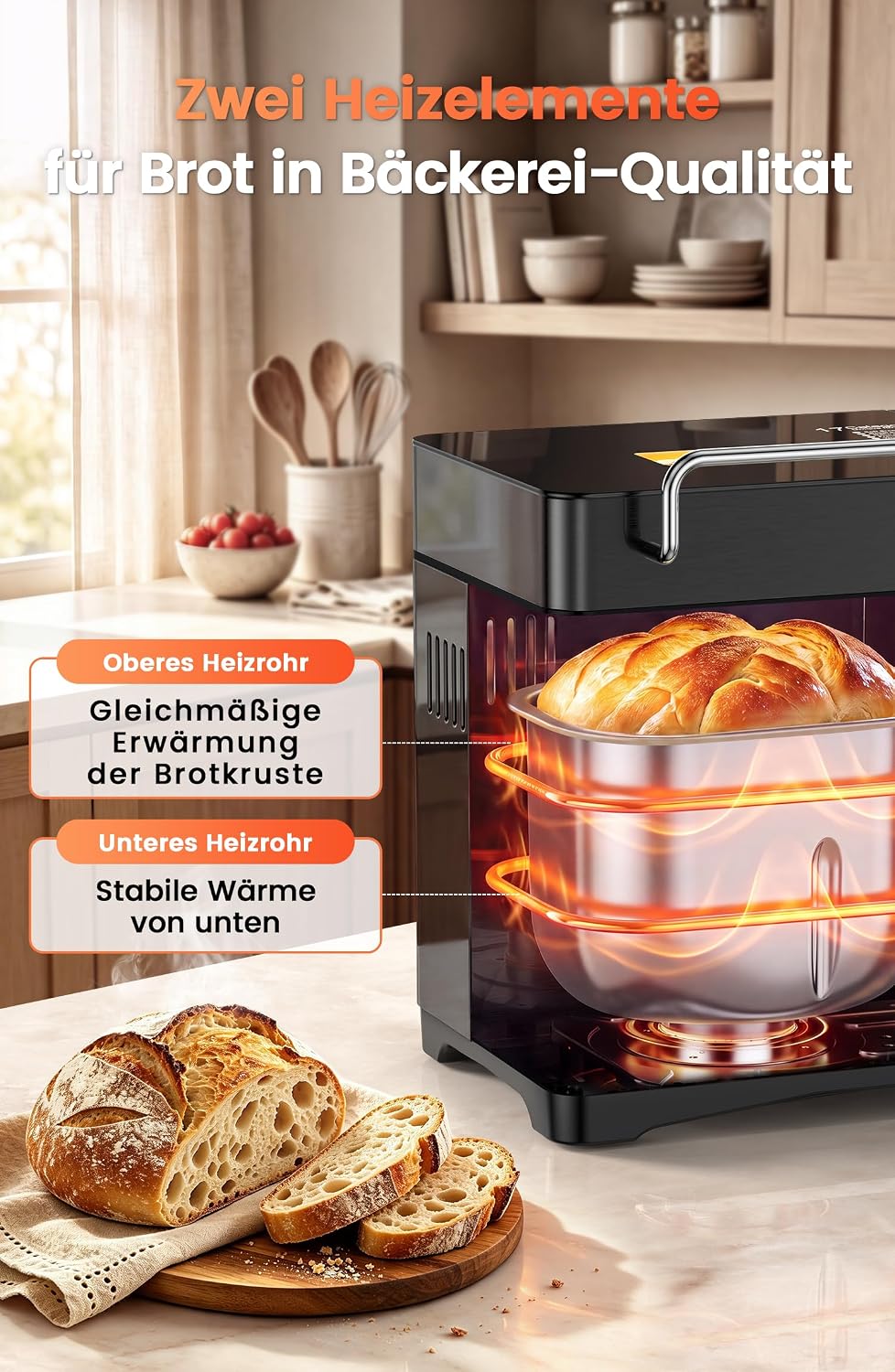 710W 1KG Konvektions Brotbackautomat mit Doppelten Heizrohren, 17 in 1 Edelstahl Brotbackmaschine, K