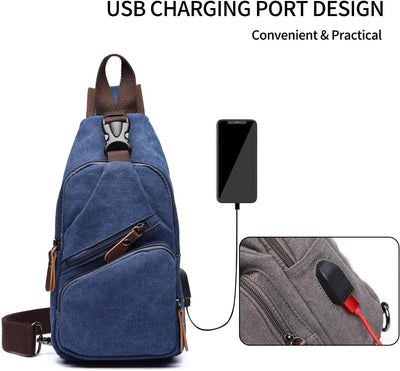 FANDARE Brusttasche Herren Schultertasche Sling Bag Rucksack mit USB Segeltuch Tasche Umhängetasche