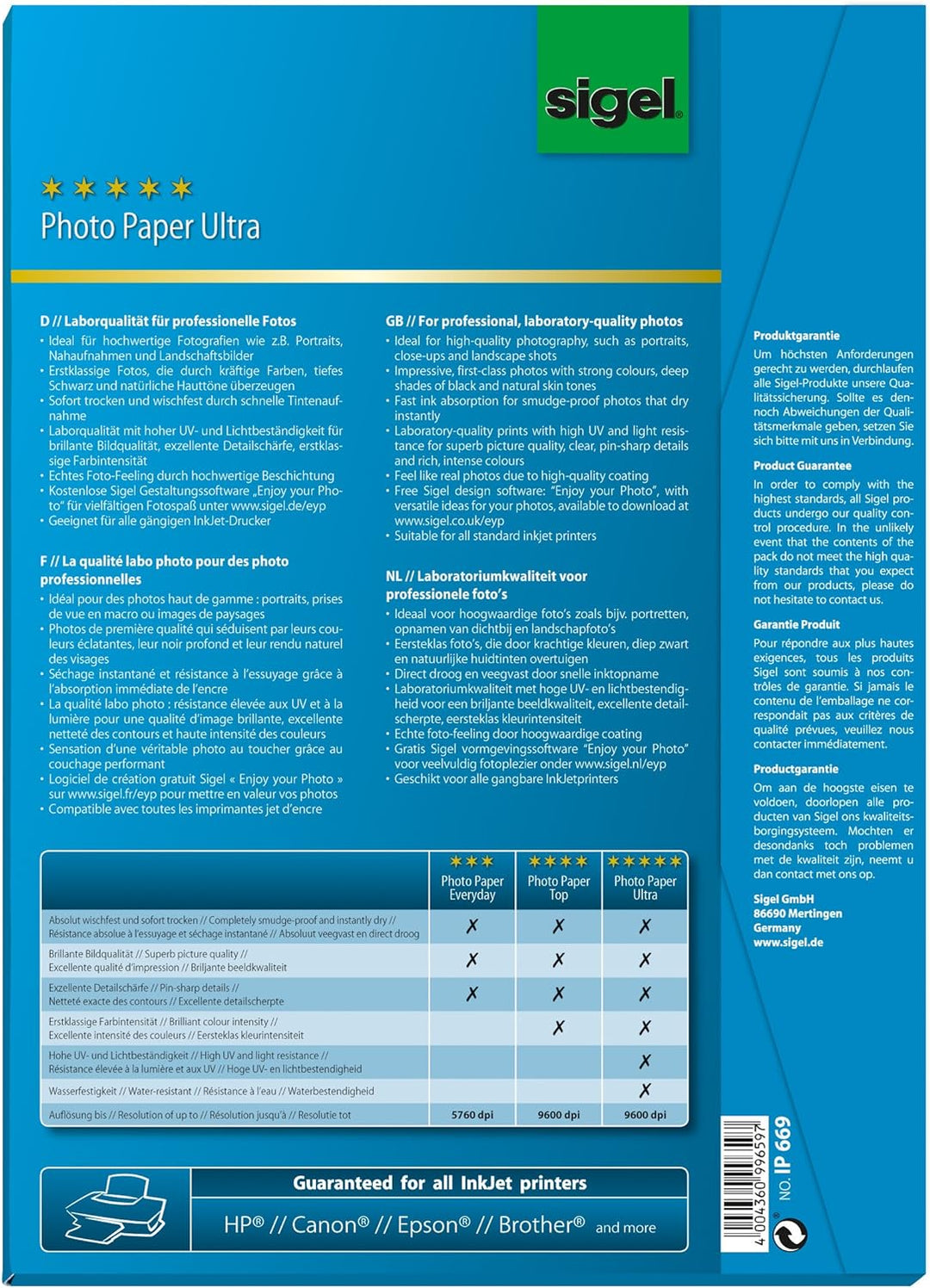SIGEL IP669 InkJet Fotopapier Ultra, A4, 50 Blatt, seidenmatt, extrem lichtbeständig, 190 g, 50 Blat