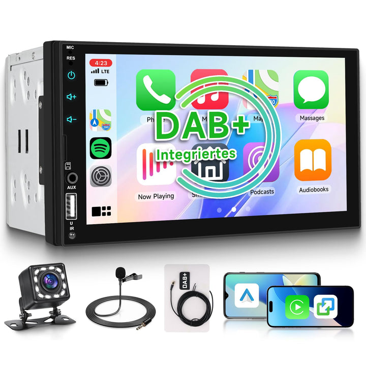 DAB/DAB+ Doppel-DIN-Autoradio mit kabellosem Carplay Android Auto Mirror Link, 7-Zoll-Touchscreen, 2
