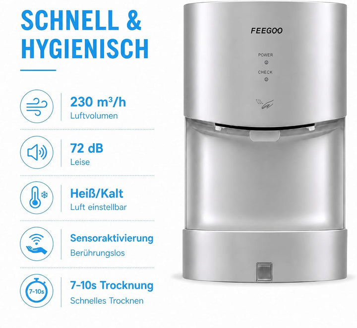 Automatischer Händetrockner mit Auffangschale, 240 V, 1300 W, Silber
