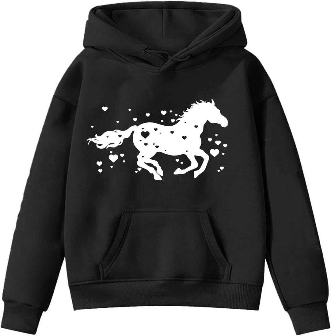 Schlafanzüge Für Mädchen Langarm-Kapuzenpullover mit Pferde-Print für Kinder Babysachen Mädchen Pull