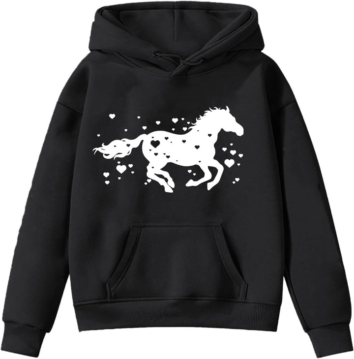 Schlafanzüge Für Mädchen Langarm-Kapuzenpullover mit Pferde-Print für Kinder Babysachen Mädchen Pull