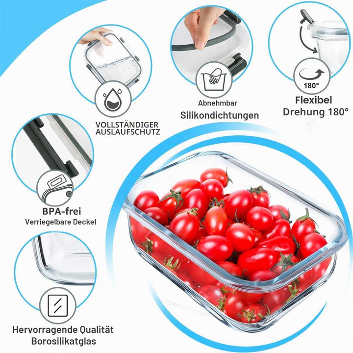 VERONES Glasbehälter für Mahlzeiten, luftdicht, mit Deckel, BPA-frei, geeignet für Mikrowelle, Ofen,