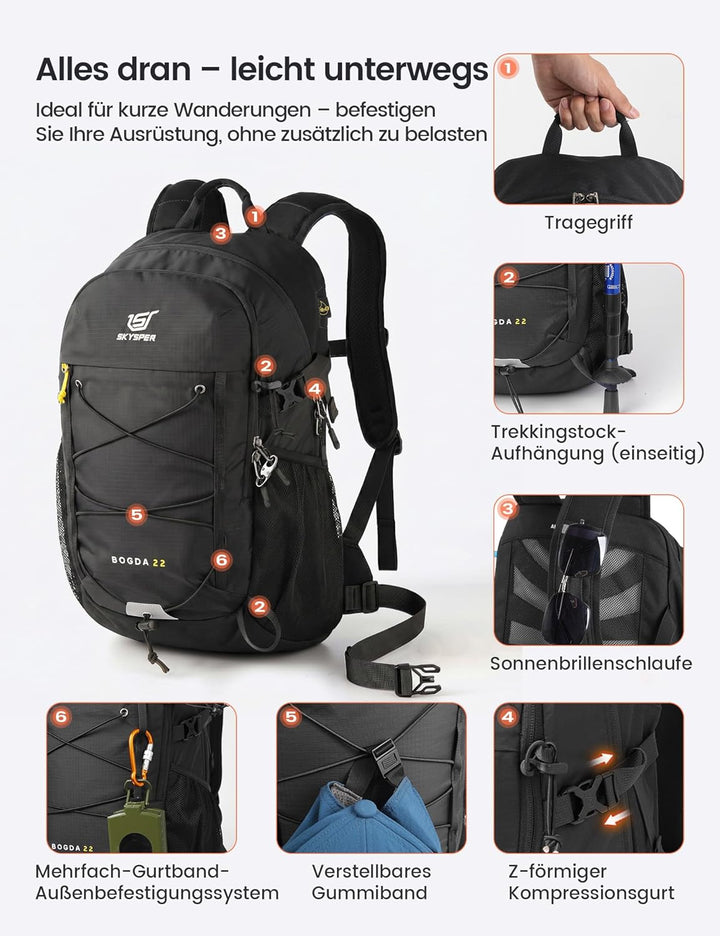 SKYSPER 22L Wanderrucksack Herren Damen Leichter Trekkingrucksack mit Belüftungsrücken Diebstahlsich