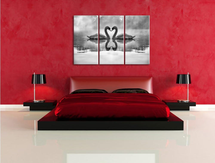 Pixxprint Verliebte Schwäne im Morgengrauen / 3-Teilig/Gesamtmass 120cm Leinwandbild bespannt auf Ho
