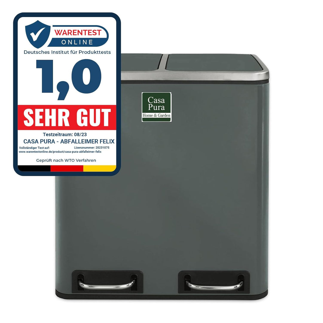 casa pura Mülleimer mit 2 Fächern - 2 x 15 Liter, herausnehmbare Inneneimer mit Henkel, Deckel mit S